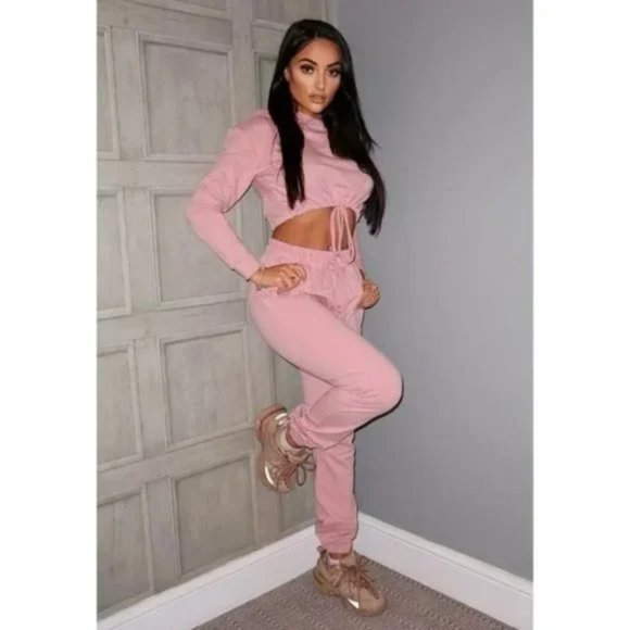 Pink Long Sleeve Hooded Crop Top and High Waist Joggers Pants Two Piece Set - Picture 10 of 17